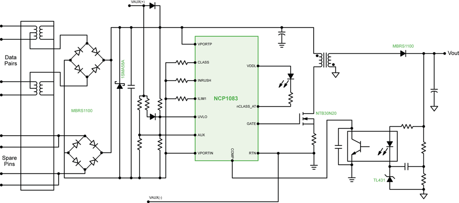 IEEE 802.3at + Auxiliary, 40 W